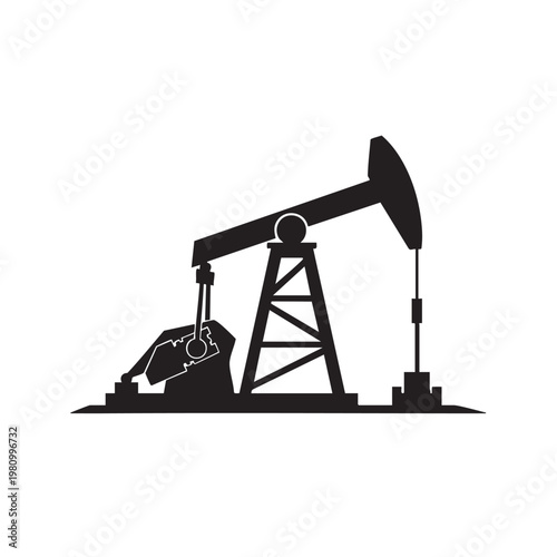 Oil pump jack silhouette on white background, industrial oil extraction equipment used in petroleum industry for crude oil production, modern energy resource symbol.