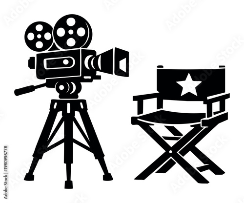 Classic film camera with a director's chair showing a star, symbolizing the movie industry, production, and cinema