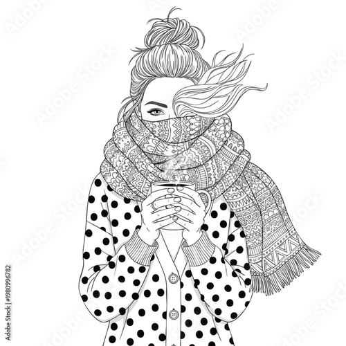 Cozy Winter Woman Wearing Scarf and Warm Clothing Holding Cup