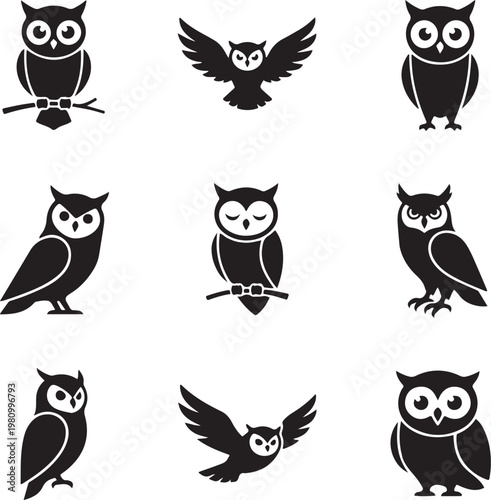 Collection of black and white owl icons and illustrations with illustration silhouette collection predator creature wildlife standing nocturnal minimalist