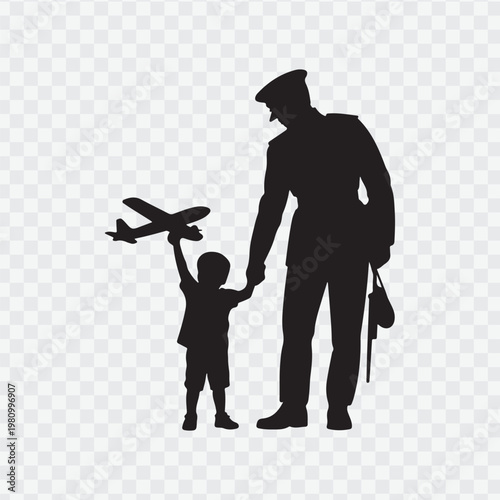 Soldier with child. Holding hand of child. Soldier silhouette