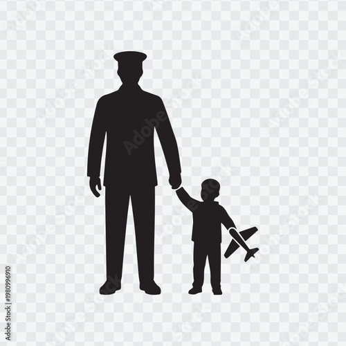 Soldier with child. Holding hand of child. Soldier silhouette