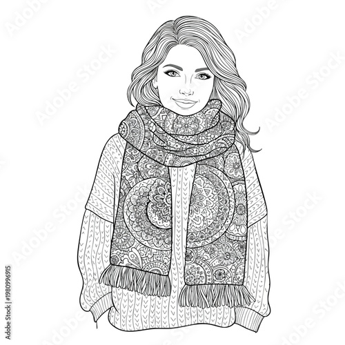 Stylish Woman in Cozy Winter Outfit with Scarf and Sweater