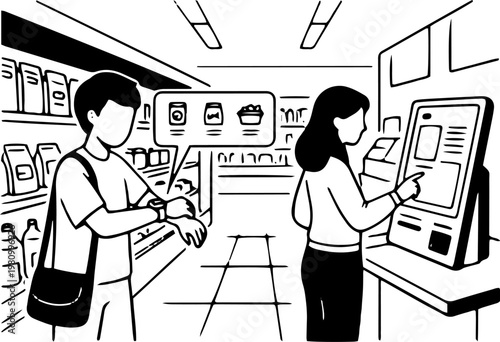 Vintage Black and White Line Art Illustration of Young Man and Woman Shopping at Self Service Checkout Supermarket Clipart