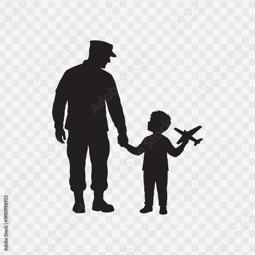 Soldier with child. Holding hand of child. Soldier silhouette