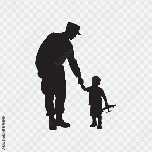 Soldier with child. Holding hand of child. Soldier silhouette
