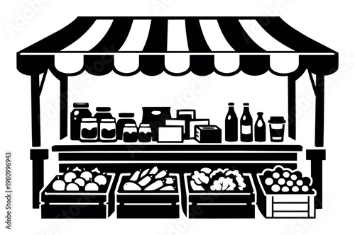 Market stall displaying various fresh fruits, vegetables, and packaged products for sale, illustrating local commerce