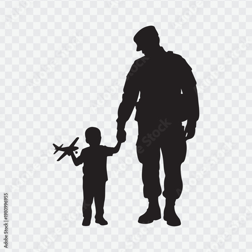 Soldier with child. Holding hand of child. Soldier silhouette