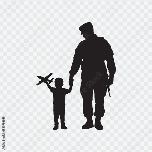 Soldier with child. Holding hand of child. Soldier silhouette