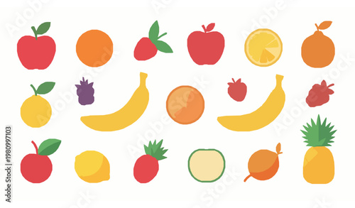 Colorful fruit collection flat vector with apples bananas berries citrus and tropical healthy food