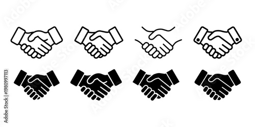 Collection of handshake icons, representing partnership, agreement, and greeting, in various styles including outline and solid, with different hand positions.