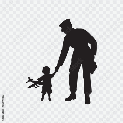 Soldier with child. Holding hand of child. Soldier silhouette