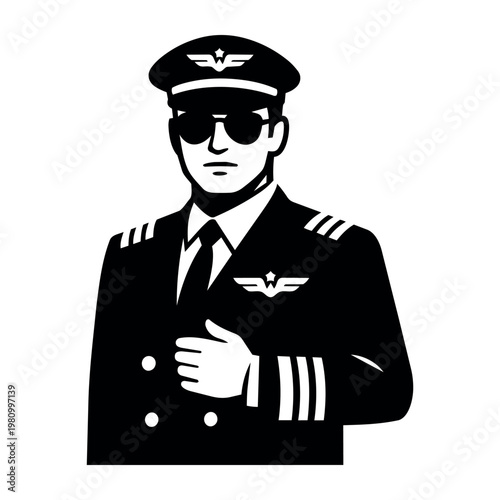 Professional airline pilot wearing uniform with hat, tie, and sunglasses. Representing aviation, travel, and career