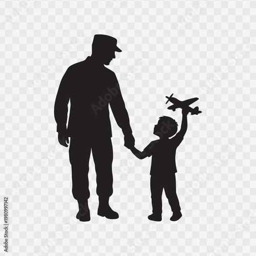 Soldier with child. Holding hand of child. Soldier silhouette