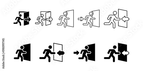 Set of black and white exit signs, depicting person running through doorway with arrow, some filled, some outline.