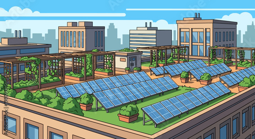 Rooftop Oasis: A vibrant rooftop garden, replete with solar panels, creates a sustainable haven, harmonizing nature and technology.
