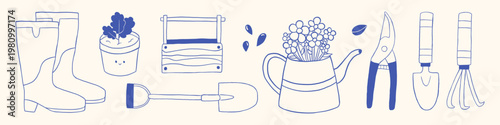 Vector set of blue spring gardening element in hand drawn outline sketch monochrome style. Rubber boot, cute plant pot, wooden box, shovel, flower jug, pruner, tool for small farm, modern agriculture.