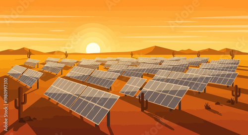 Solar Power Oasis: A solar panel field basks in the warmth of a setting sun. This image embodies environmental consciousness.