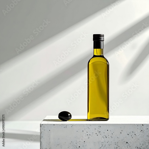 Bottle of golden olive oil on a concrete podium with a single black olive.