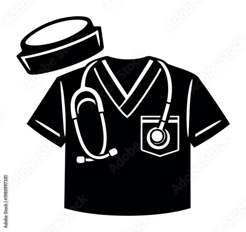 Scrubs, stethoscope, and cap symbolizing medical work, doctor, and nurse roles, illustrating healthcare and medicine concepts
