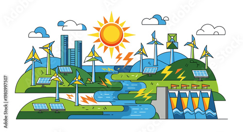 Renewable Energy Landscape: A vibrant illustration showcasing the future of energy. Embracing eco-friendly practices with the harnessing of solar, wind and hydro power across a scenic landscape.