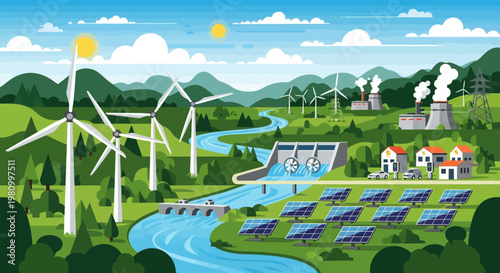 Green Energy Landscape: An illustration showcases a harmonious blend of sustainable power sources, including wind turbines, solar panels, and a hydroelectric dam.