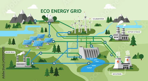 Eco Energy Grid: A diagram illustrates the intricate network of an eco-energy grid, showcasing diverse sources of renewable power interconnected to distribute sustainable energy. 