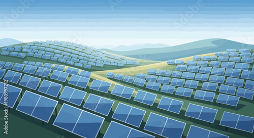 Harnessing the Sun's Power: A vast array of solar panels blankets a rolling landscape, absorbing sunlight to generate clean energy, representing a commitment to sustainability and a brighter future.