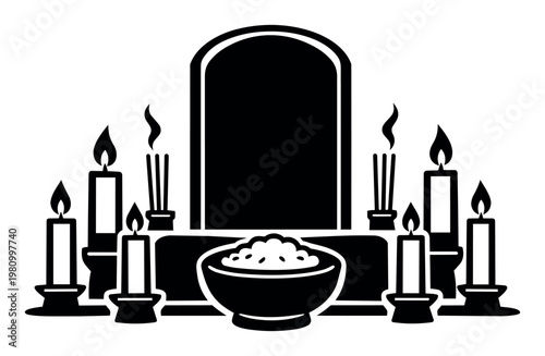 Ancestor worship scene showing an altar with multiple burning candles, incense sticks, and a bowl of rice