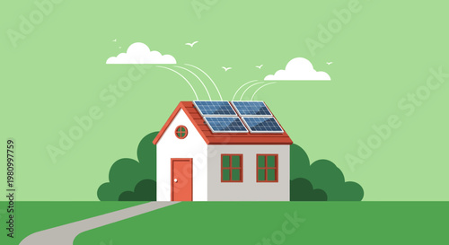 Eco-Friendly Home: Illustrated image of a charming home embracing sustainability. The roof is adorned with solar panels, signifying a commitment to renewable energy