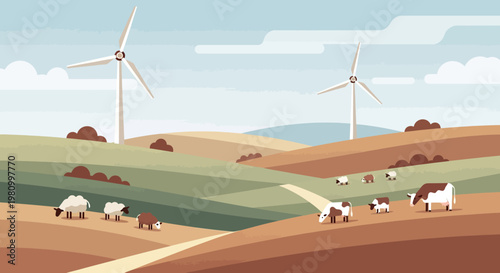 Harnessing the Wind and Embracing the Land: An idyllic landscape showcasing the harmony between renewable energy sources and agricultural life, presenting a vision of sustainable farming