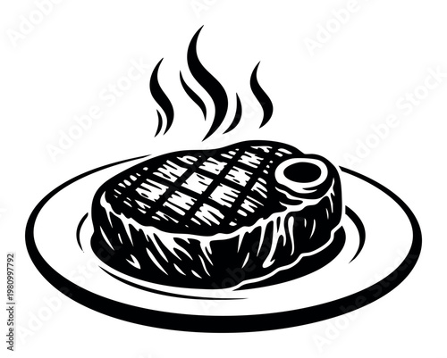 Steaming grilled steak with a visible bone and grill marks resting on a plate. Representing delicious hot meat, food, and dining