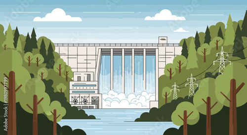 Hydroelectric Dam in Nature: A powerful hydroelectric dam harnessing the flow of a river, nestled amidst lush greenery and generating clean, sustainable energy.