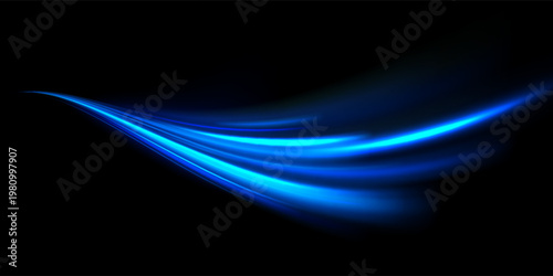 Glowing neon light trail elements. Bright blue speed line waves. Magical glowing curved path concept. Abstract curved dynamic motion lines. Sparkling flowing lines for posters, banners, flyers. Vector