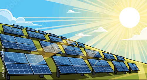 Harnessing Sunlight: An illustration showcasing a vibrant display of solar panels arrayed across a hillside, illuminated by the bright sun, symbolizing sustainable energy. 