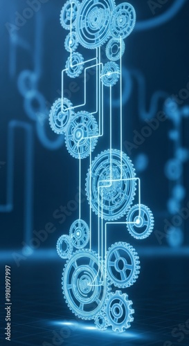 Abstract Glowing Blue Gears and Lines in a Dark Digital Environment