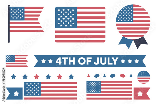 American flags and patriotic design elements set for fourth of july independence day celebration vector illustration