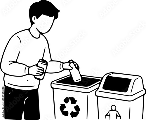 Black and White Vector Illustration of Young Man Recycling Plastic Bottles into Recycle and Trash Bins Eco Friendly