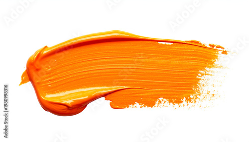 A vibrant orange paint stroke is dramatically displayed against a clean white background.