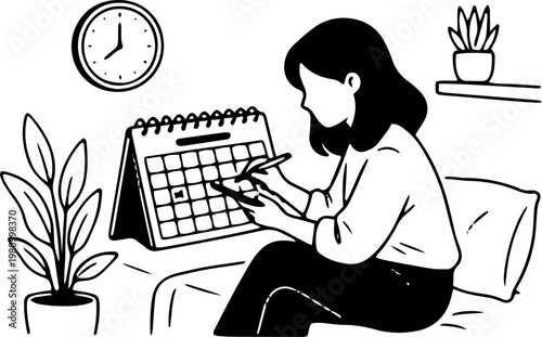 Black and White Vector Illustration of Woman Sitting on Sofa Planning Schedule with Calendar and Pen