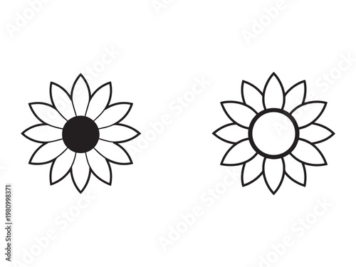 Simple line art of two sunflowers with black outlines and white petals one with black center and one with white center on white background