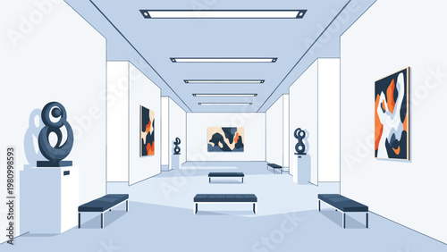 Contemporary art gallery interior showcasing minimalist architecture abstract oil paintings and dark modern sculptures on white pedestals.