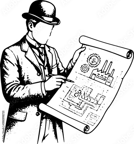 Black and White Vintage Vector Illustration of Man in Bowler Hat Examining Architectural Blueprints and Plans