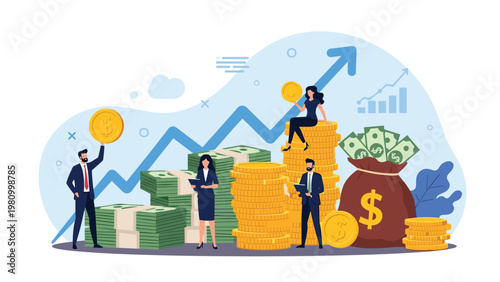 Professional business concept illustration showing financial growth with team members among large stacks of cash and gold coins.