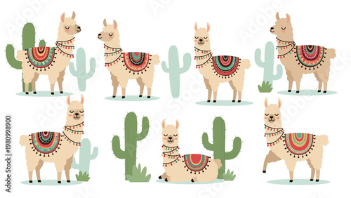 Whimsical collection of cute cartoon llamas wearing colorful traditional blankets and tassels surrounded by desert cacti plants.