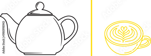 Teapot and coffee cup line art vector illustration for cafe menu and breakfast branding