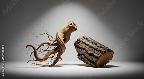 A sculpted wooden root and a freshly cut log rest on a reflective surface under a spotlight.