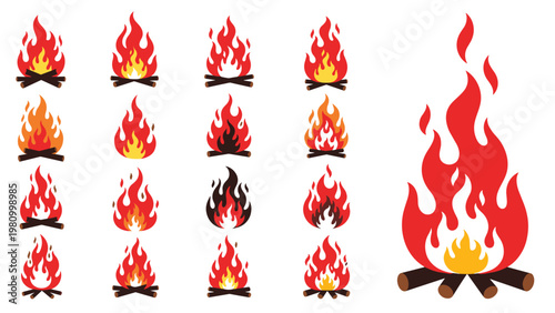 Artistic collection of stylized campfire flame illustrations depicting various stages of fire intensity and burning log configurations.