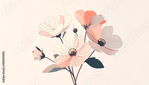 A delicate illustration showcases a cluster of soft pink and white flowers with subtle shading against a pale background, evoking a sense of gentle beauty and springtime.