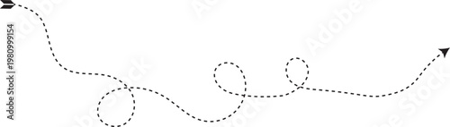 Long Dotted and Dashed Line Arrow Vector. Black dotted line isolated on png background. Dotted Line Curly Arrow featuring a long dashed path. Decorative Border and Design Element Illustration
